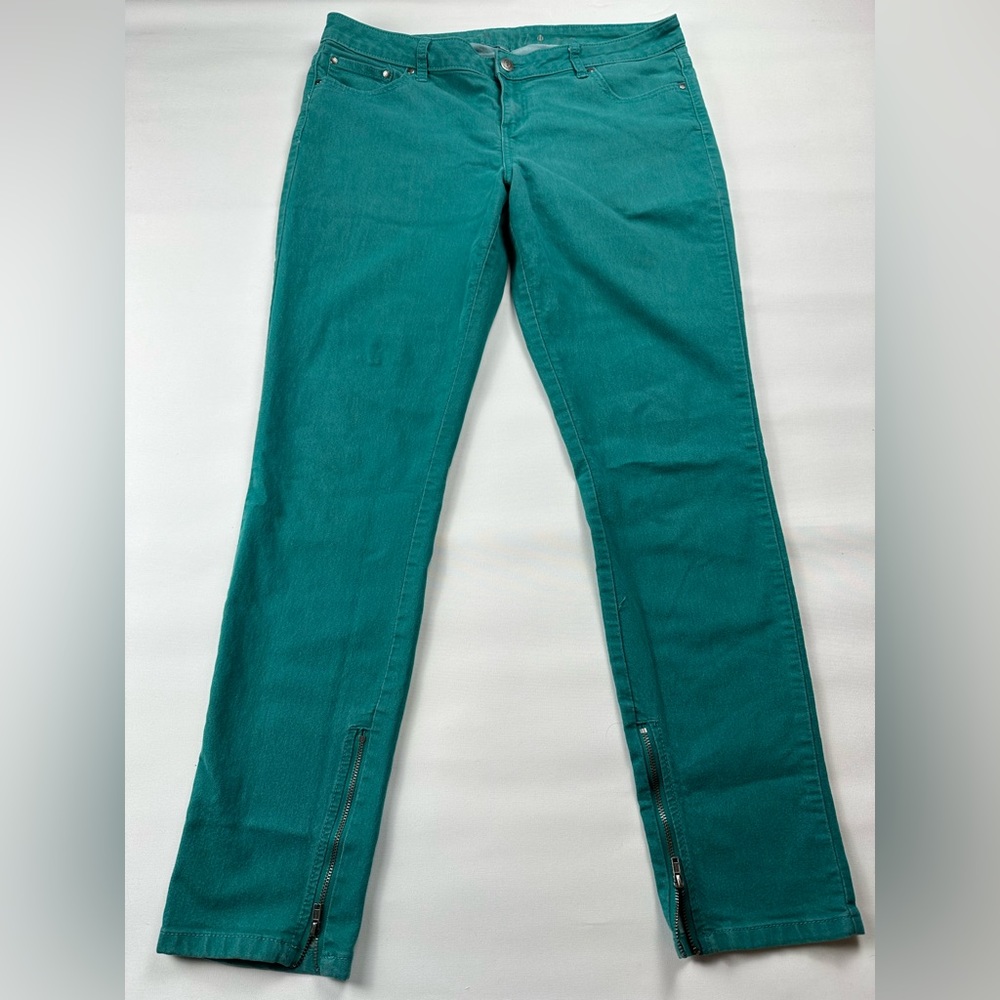 JLo straight jeans. Stretchy. Teal with zipper at ankle. Size 12